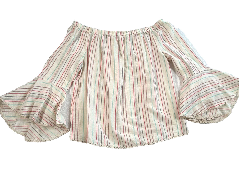 Solitaire Off Shoulder Bell Sleeve Top Womens Large Stripe Beige/Red/Pink Cotton